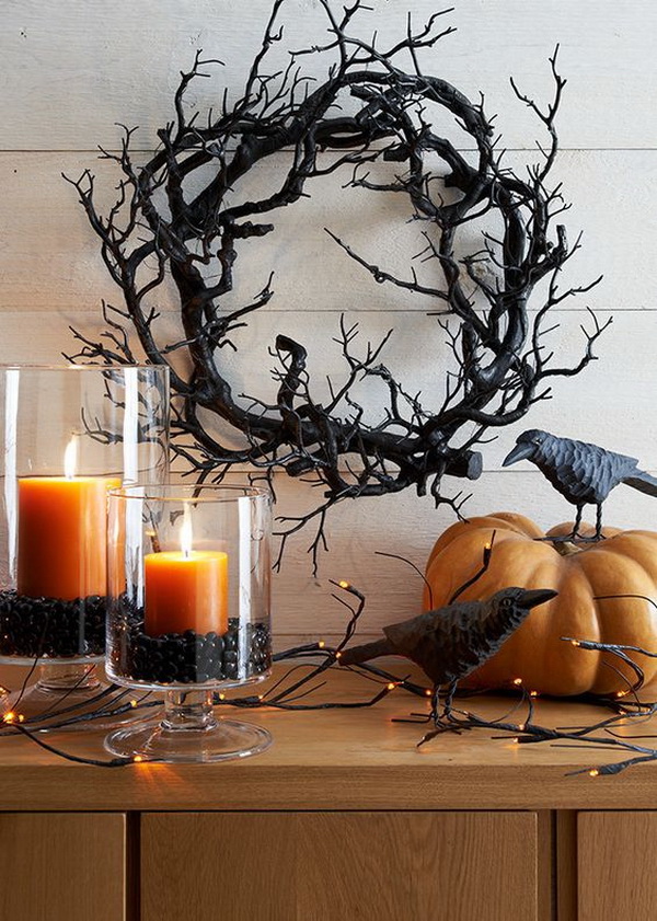 Image result for birch branches in vase for halloween on mantle