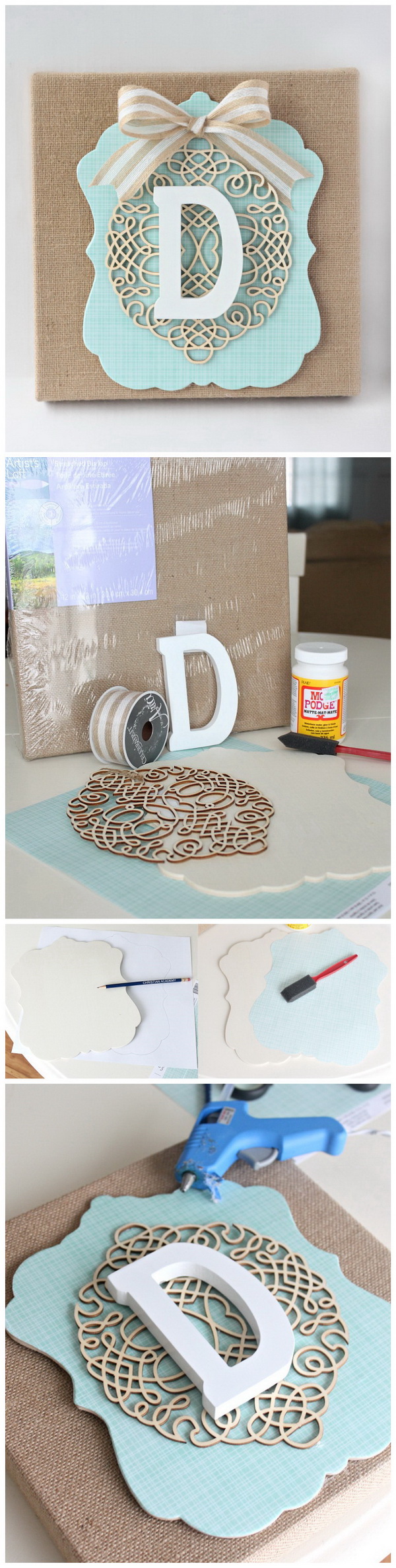 DIY Layered Burlap Monogram. This layered burlap monogram adorns a wall, table or shelf in any room; teens can make their own to add a touch of style to their own room decor.