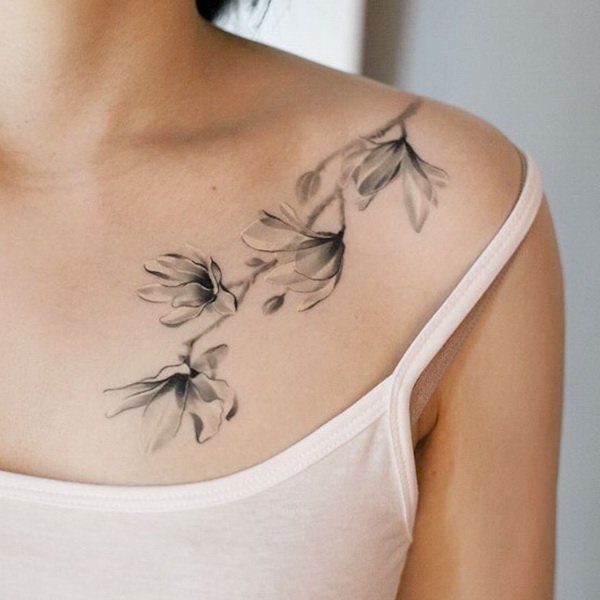 Black and Grey Ink Shoulder Piece. 30+ Beautiful Flower Tattoo Designs. 