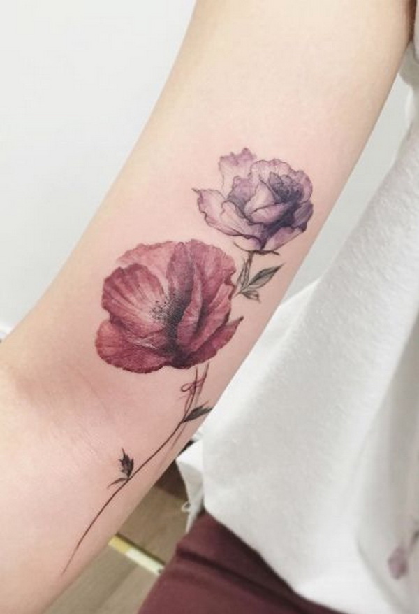 Rose and Poppy Watercolor Floral Design. 30+ Beautiful Flower Tattoo Designs. 