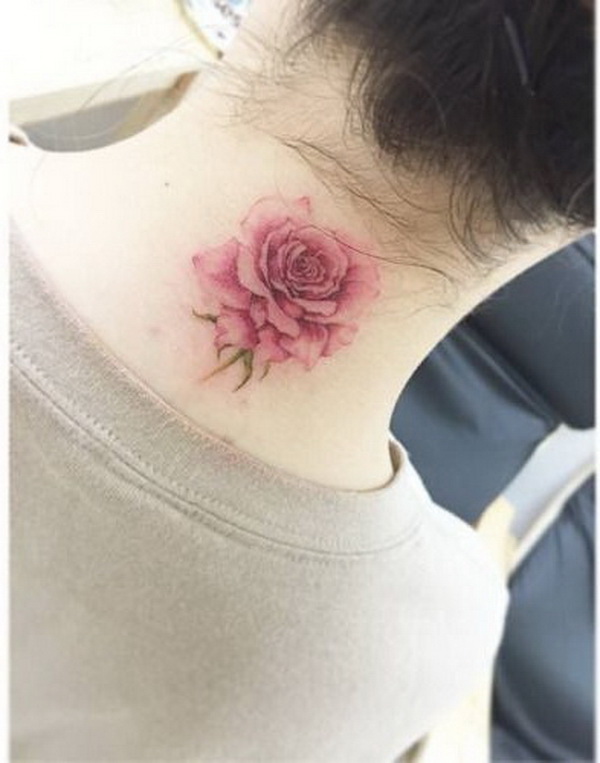 Back of the Neck Tattoo of A Watercolor Rose. 30+ Beautiful Flower Tattoo Designs. 