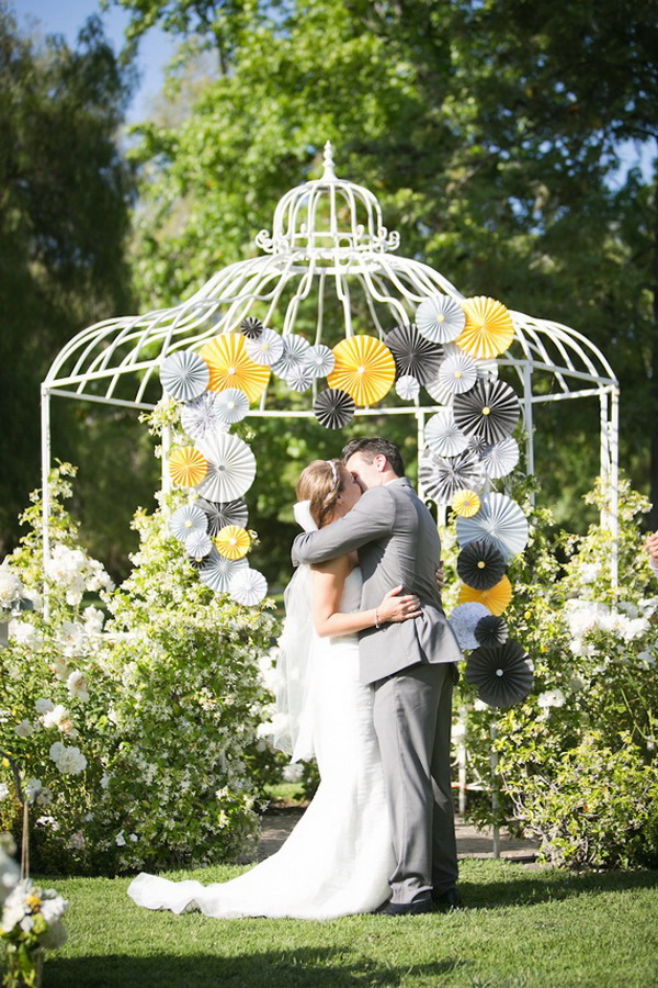 Yellow and Grey Wedding Pin Wheels and Birdcase Wedding Photo Backdrop. 