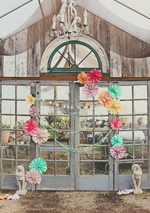 Rustic Photo Backdrop with Paper Rosette in Bright Colors. 