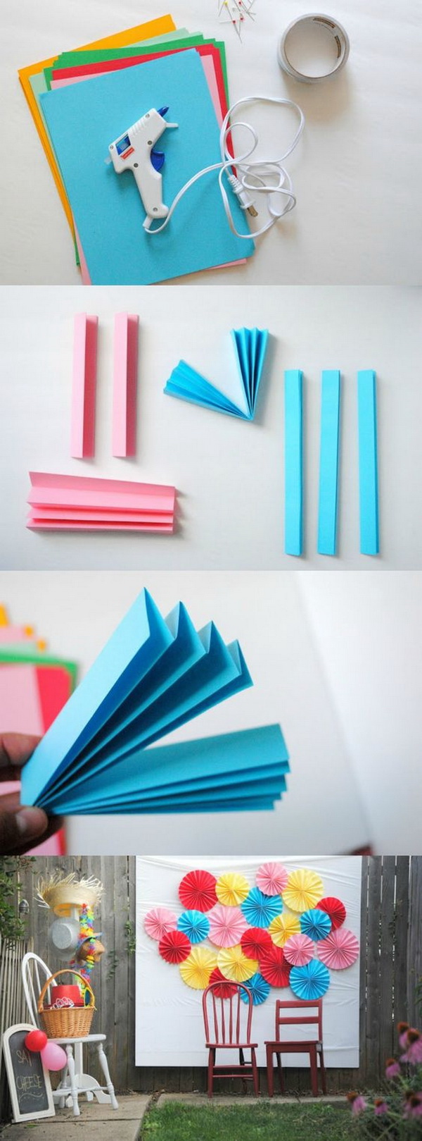 DIY Paper Fan Photo Booth Backdrop. Love the simplicity and pretty colors of this paper fan photo booth backdrop！ 