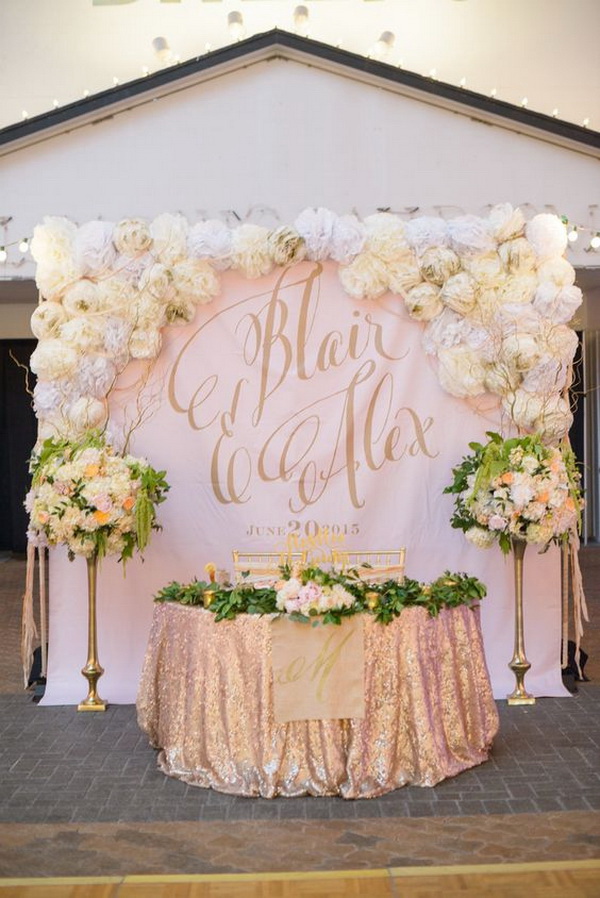 Sweetheart Photo Booth Backdrop with Large Gold Calligraphy Monogram. 