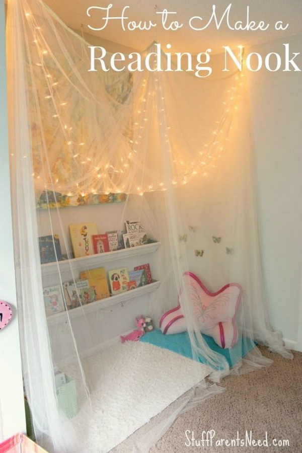 Kids' Reading Nook Decorated with Fairy Lights. 