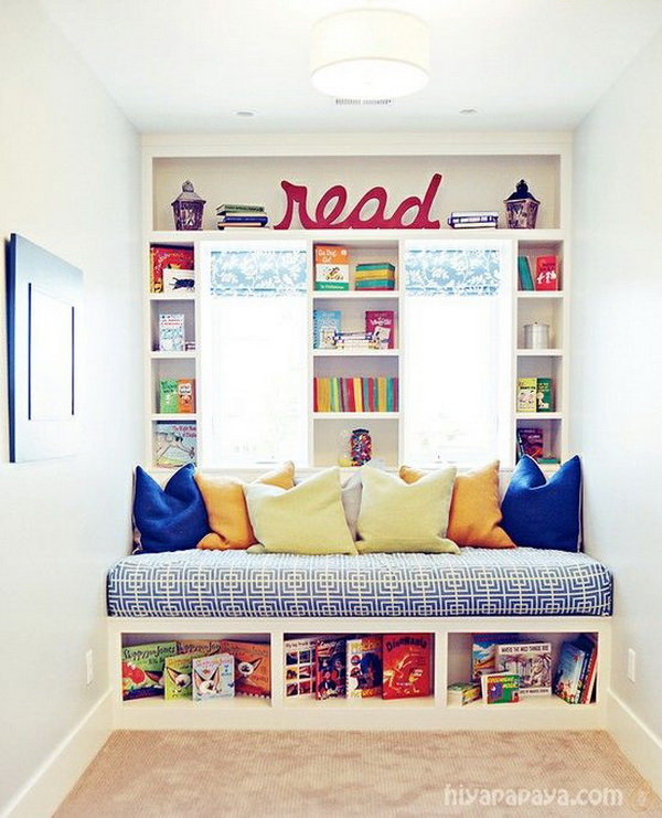 Kids Reading Nook Window Bed with Built-in Bookshelves. 