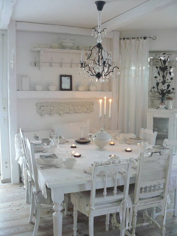 White romantic, shabby chic dining room. 