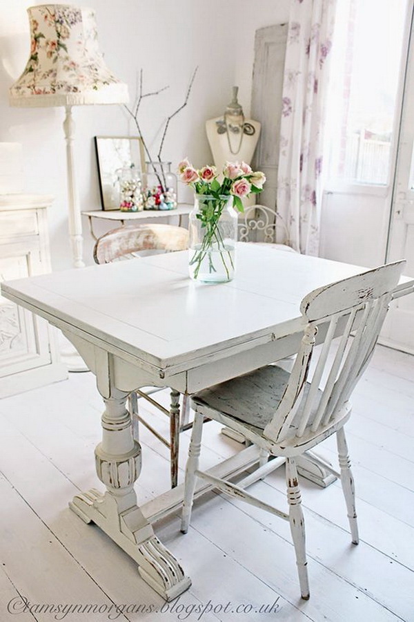 Vintage shabby chic - vintage white floors, tables and chairs.... 