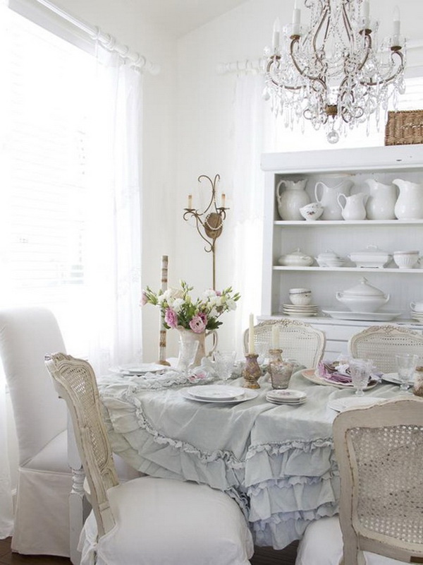 Shabby Chic Dining Room With Dishware Display. 