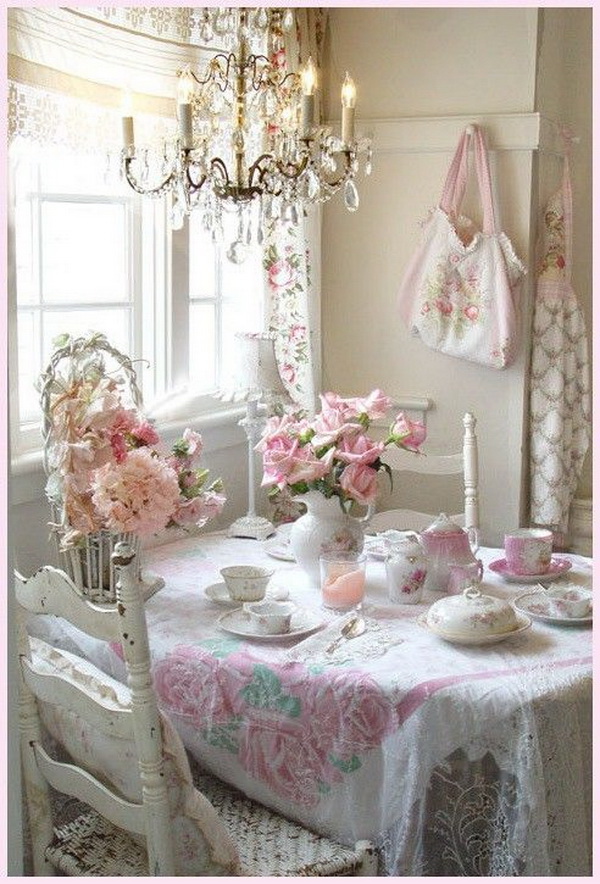 Romantic pink and white themed shabby chic breakfast nook by windows. Fresh pink flowers for table decoration! All in love!