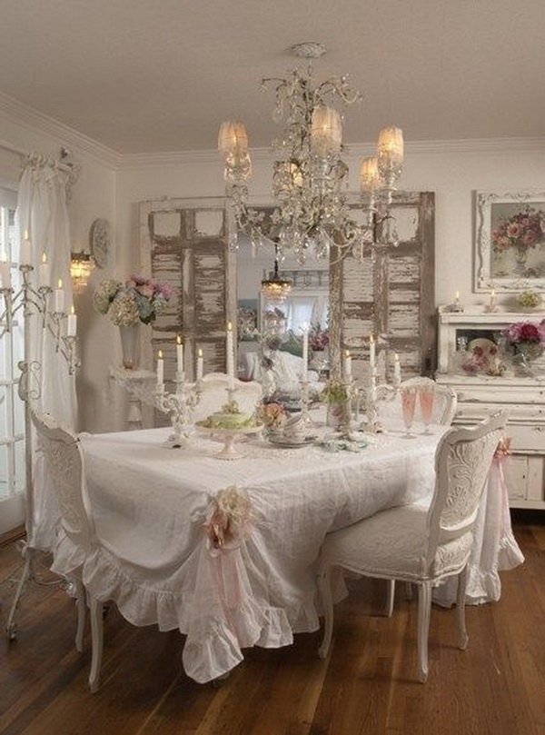 Recommended color scheme for shabby chic dining room is white or very light gray. Whitewashed tablecloth, old doors, rustic chandelier....really add rustic warm and charm. 