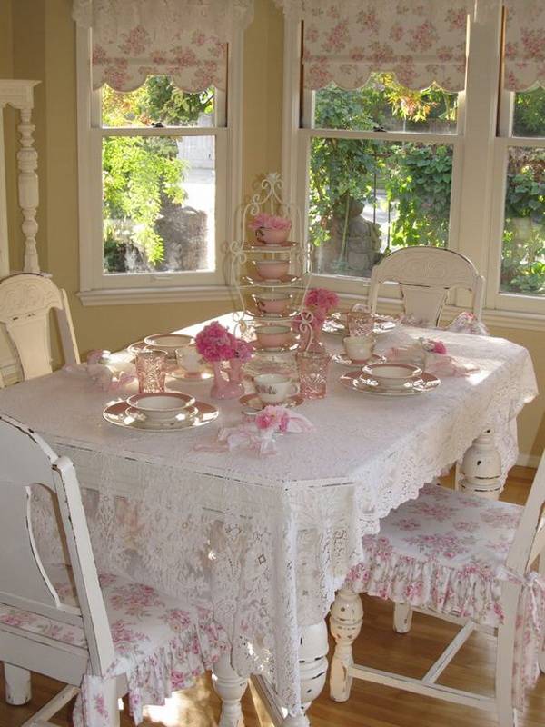 Romantic pink and white shabby chic dining area beside windows. Clear, brignt and cozy...