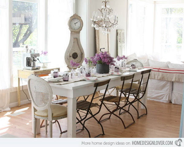 Dreamy white shabby chic dining room. So pretty, dreamy and charming! 