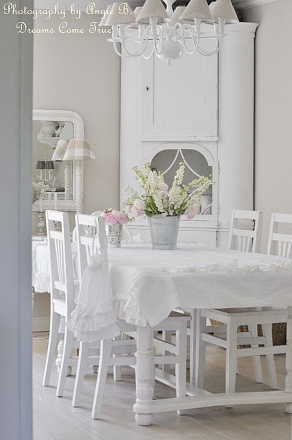 All white shabby chic dining room. 