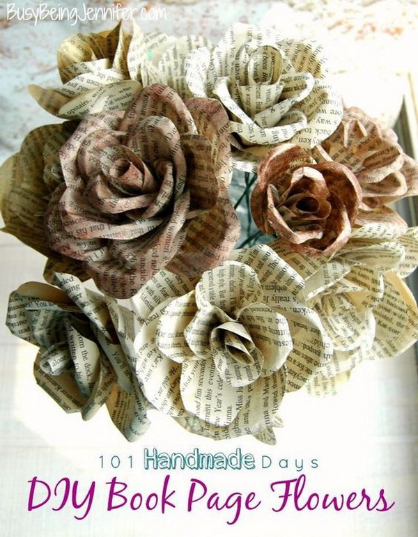 DIY Book Page Flowers. Make a set of these beautiful rose with pages from old books. 