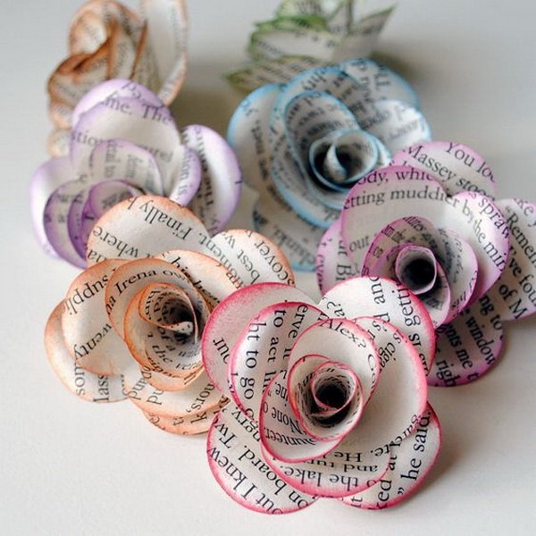 Colored Book Paper Flowers. These roses are made out of recycled vintage book pages and painted with watercolor.