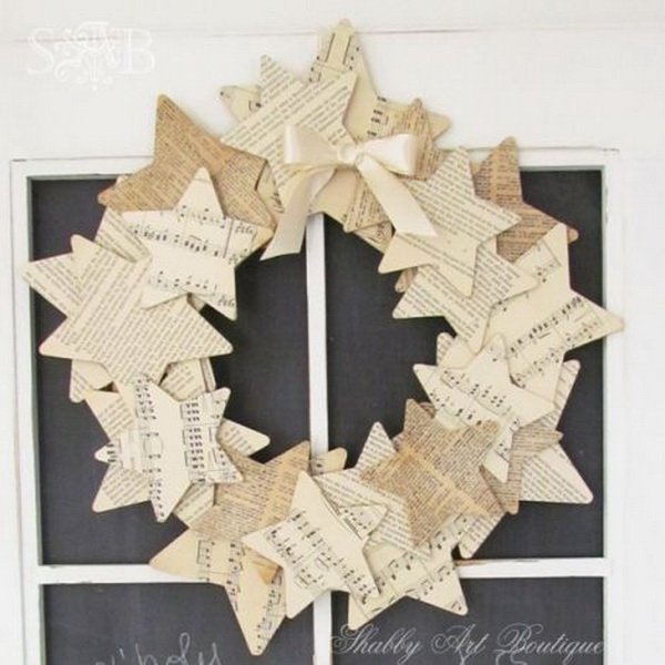 Old Book Pages Stars Wreath. A hand-made wreath of little stars cut from vintage old book pages. 