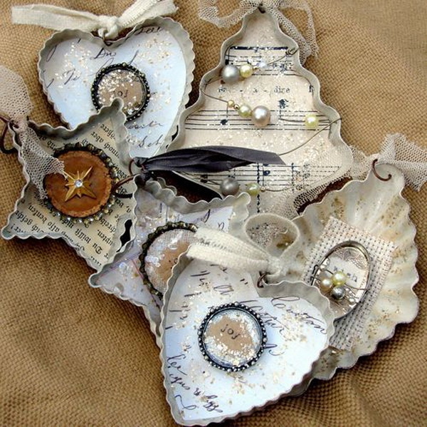 Decorate the Inside of Old Cookie Cutters with Scrapbook Paper and Accessories. 