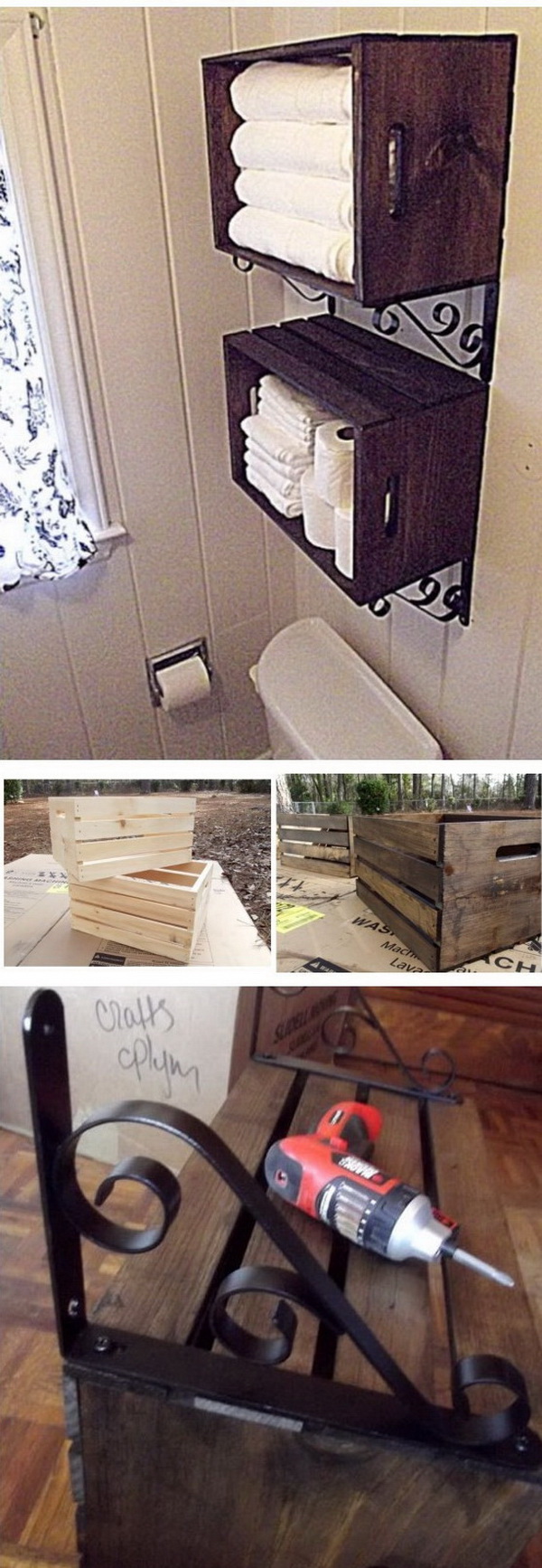 Wood Crate Wall Storage Over the Toilet. 