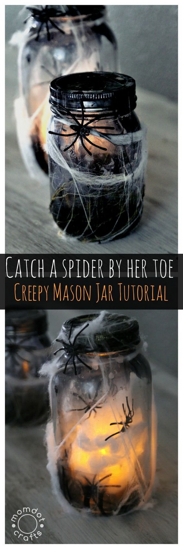 Light Up Spider Mason Jar. Make a creepy light up spider jar for halloween decor, center pieces or scary bathroom night light. 