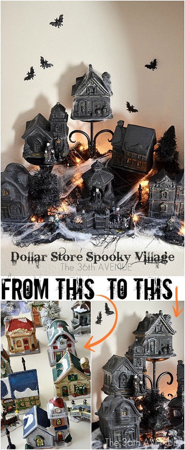 DIY Dollar Store Halloween Village. Craft this spooky Halloween village to decorate your mantle or display at a Halloween party. Easy and fun to mix and match with supplies from dollar store.