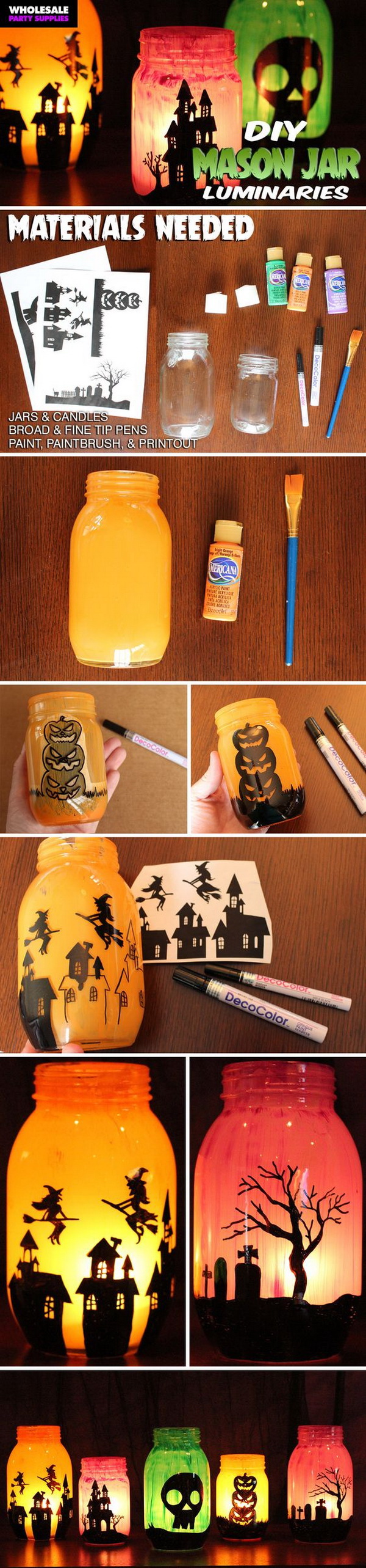 DIY Mason Jar Luminaries. Add a cute and spooky touch to your home with these haunting luminaries that decorated with free printable templates full of spooky characters. They look great either in the dark or in the light! 