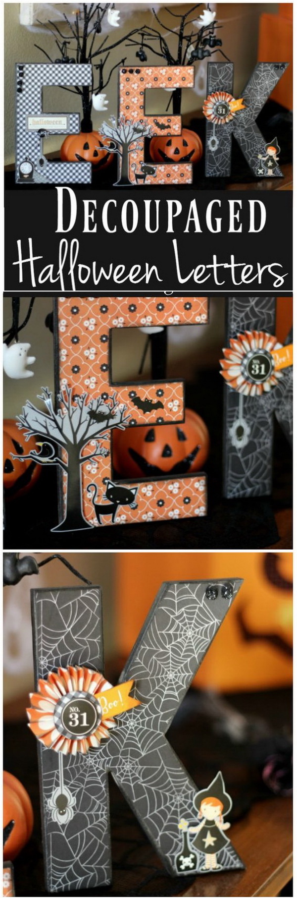 Decoupaged Halloween Letters.What a fun way to add that unique, whimsical touch to your Halloween Decor with these decoupages Halloween themed letters!  