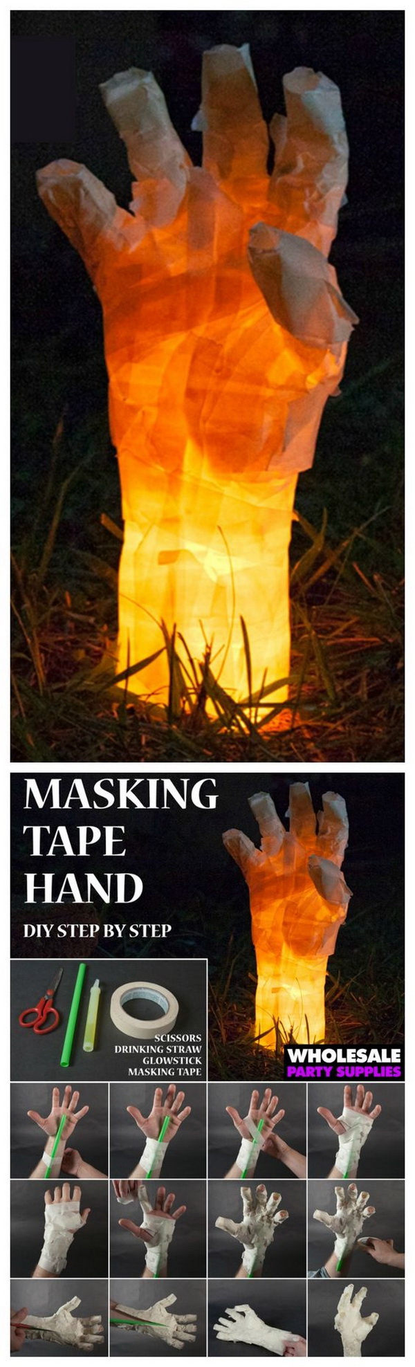 Glow in the Dark Masking Tape Hand. This creepy glow in the dark hand is the perfect DIY addition to add to your Halloween decor.