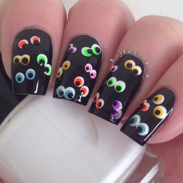 Black Halloween Nail Art with Colorful Eyes Designs. 