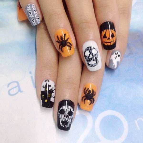 Skeletons, Spiders and Jack O Lantern Halloween Nails. 