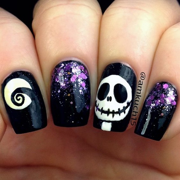 Black and White Halloween Nail Topped with Purple Sequins. 