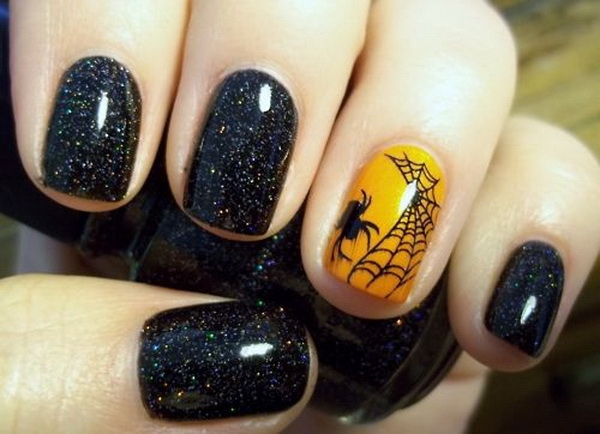 Spider and Web Nail Art for Halloween. 