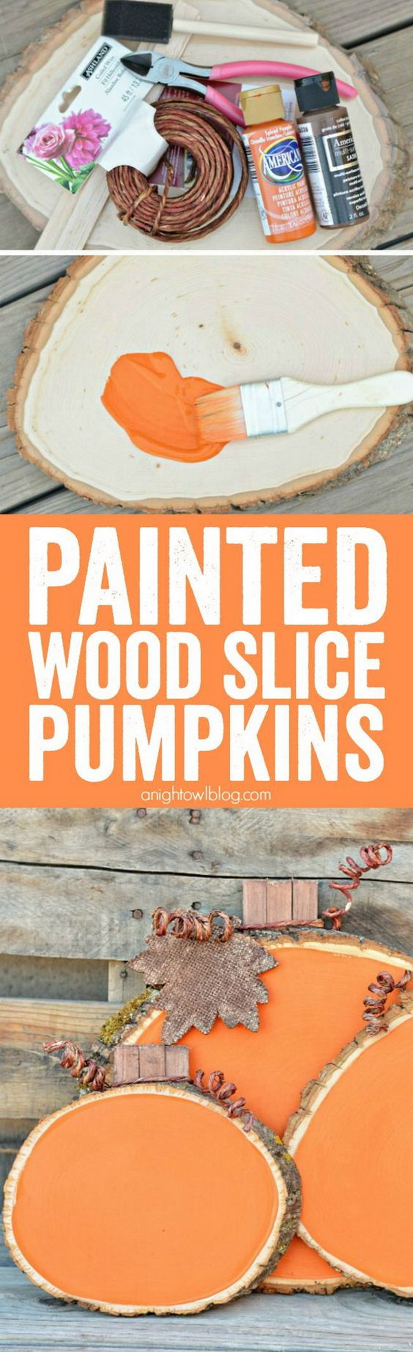 Painted Wood Slice Pumpkins. Add some color and whimsy to your fall Decor with these easy and adorable Painted Wood Slice Pumpkins!