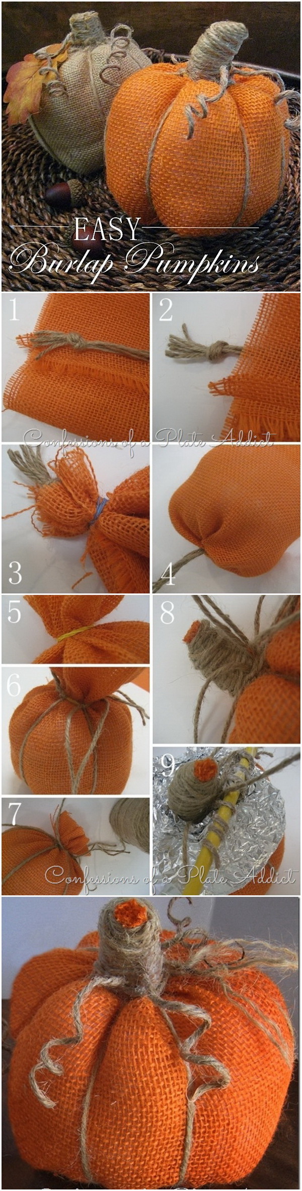 Easy No-Sew Burlap Pumpkins. These no-sew burlap pumpkins are super easy to make and fantatsic for farmhouse, rustic fall decorating. 