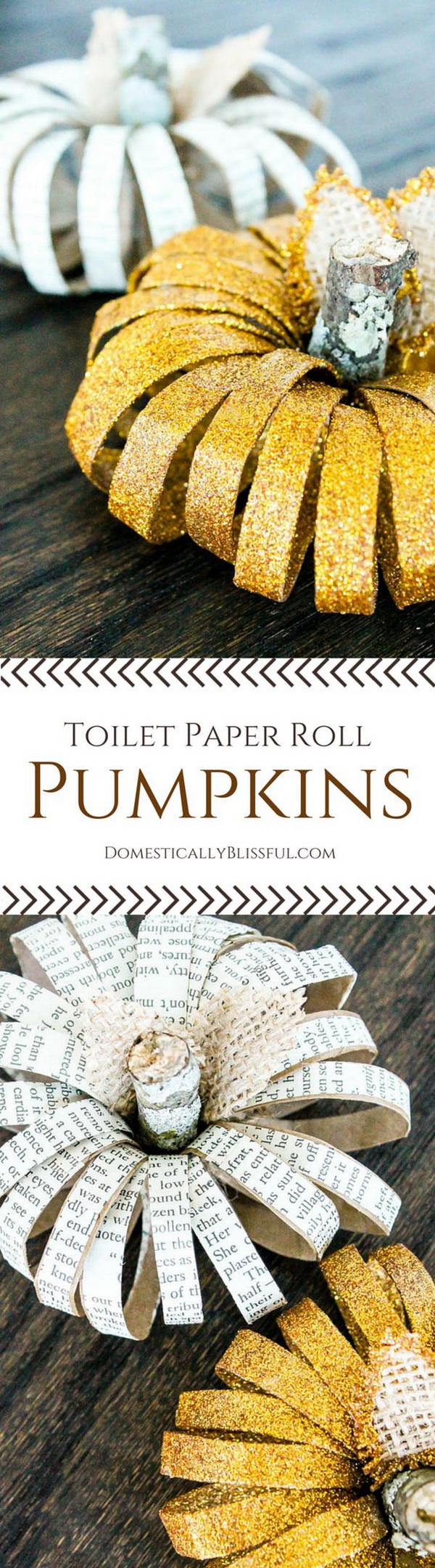 DIY Paper Roll Pumpkins. Repurpose some old bookpages into these fun and easy pumpkin crafts and finished with some gold glitters. Super easy and fun craft for your kids to make together. 