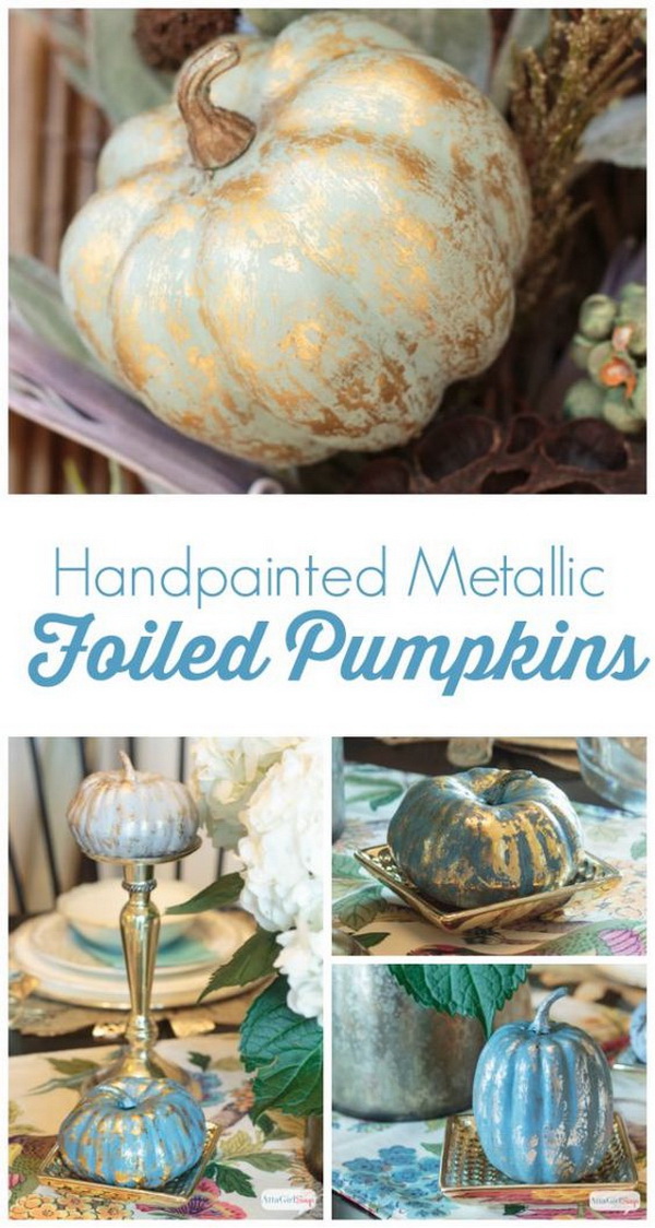 Painted Metallic Foiled Pumpkins. Love the distressed metallic look of these painted pumpkins. It makes fantastic addition to your farmhouse or shabby chic home decor for this halloween or fall season.
