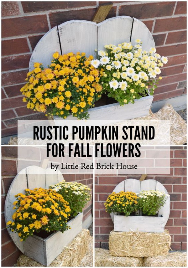 Rustic Pumpkin Stand for Fall Flowers. Decorate your front porch with this easy DIY Rustic Pumpkin Stand and fill the box with colorful fall flowers!