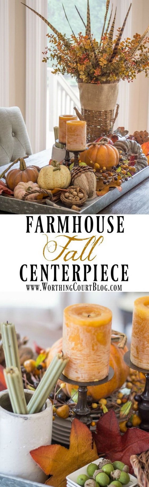 Rustic Farmhouse Fall Centerpiece. Get a galvanized metal tray filled with fall textures and colors. This will be the the perfect rustic farmhouse fall centerpiece.