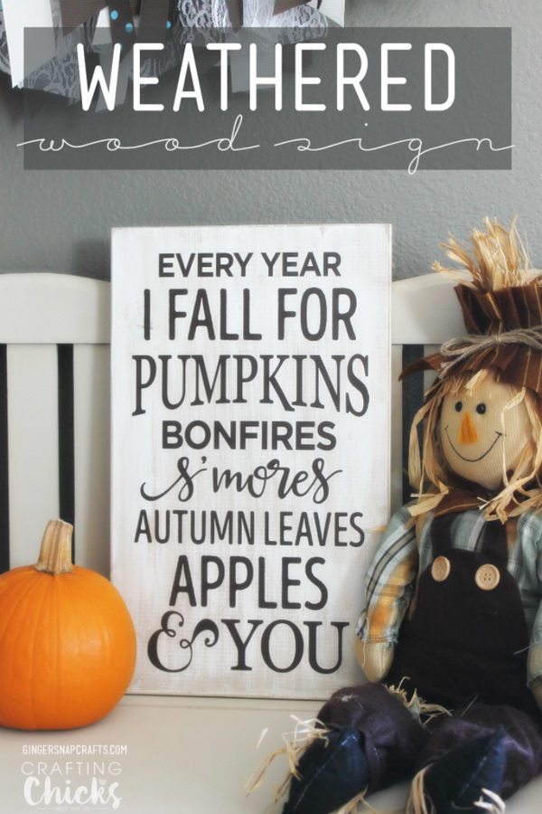 Weathered Wood Sign for Fall. Paint a piece of wood in distressed white and write your autumn season greeting. 