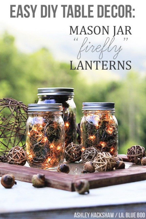 Mason Jar Firefly Lanterns. Use dried moss, acorns, and string lights to craft these rustic lanterns, perfect for cool evenings spent outside during this fall season.