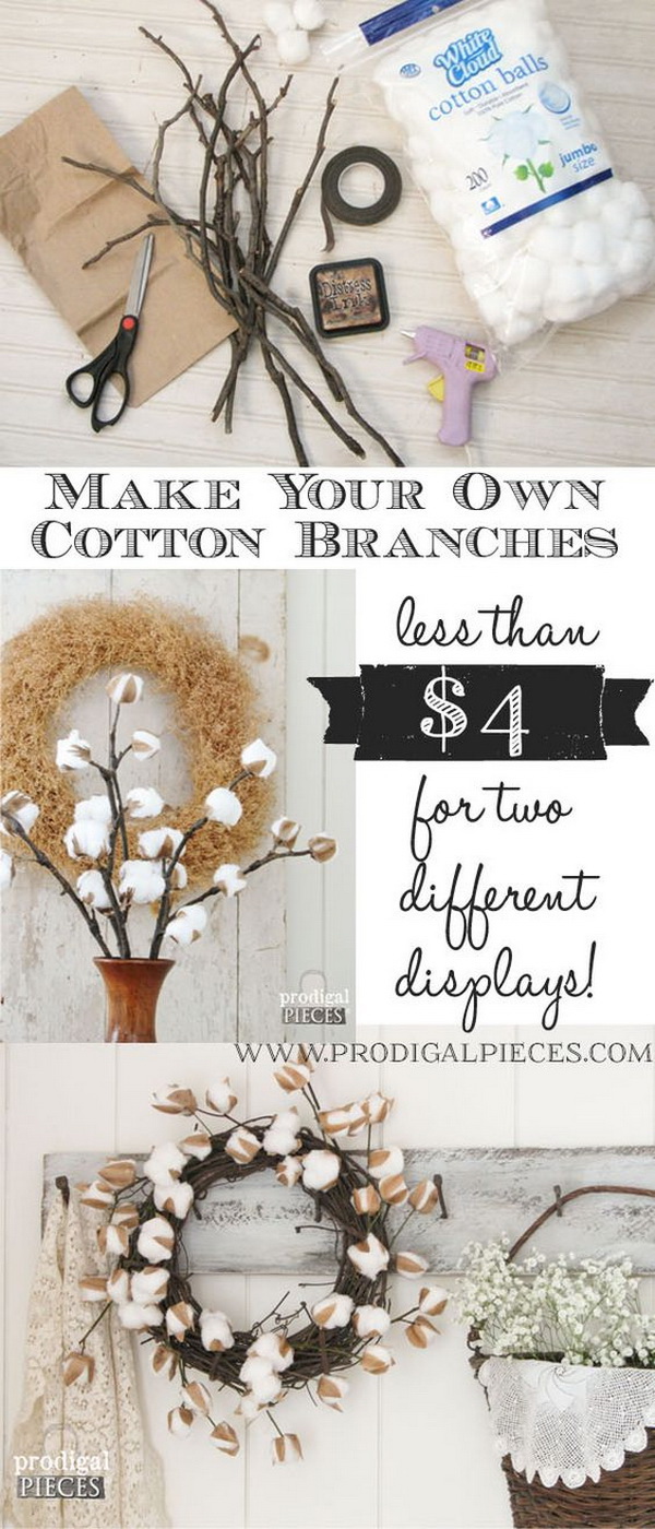 DIY Farmhouse Cotton Branches. Whether bundle these cotton branches up in a tall vase or arrange them into a wreath. This will surely add a touch of rustic elegance to your decor.
