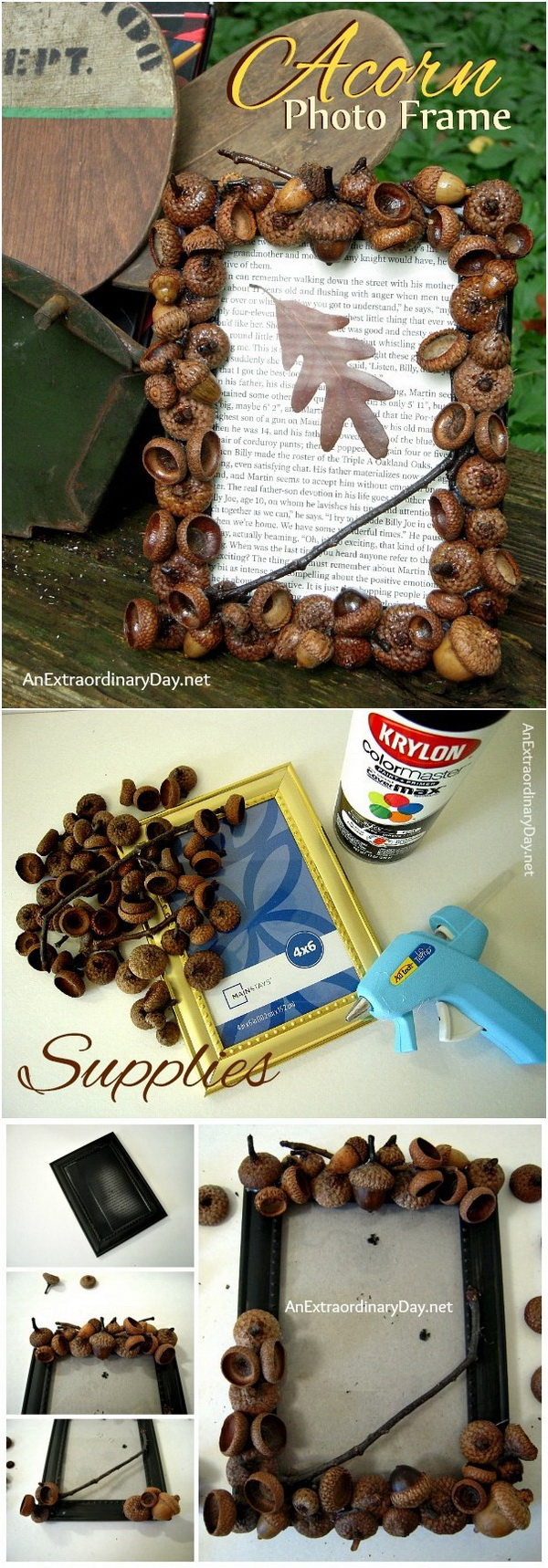 DIY Acorn Photo Frame. Create a DIY Acorn Photo Frame with that plethora of acorns in the yard. It makes great home decor piece or used as gifts with a fall family photo.