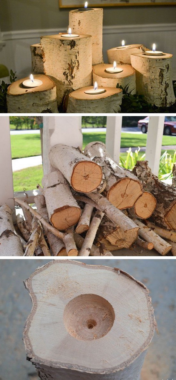 DIY Tree Stump Candle Holders. Carve out the center of tree stumps big enough and place a candle inside, and light them up for a whimsical decor for this fall. 