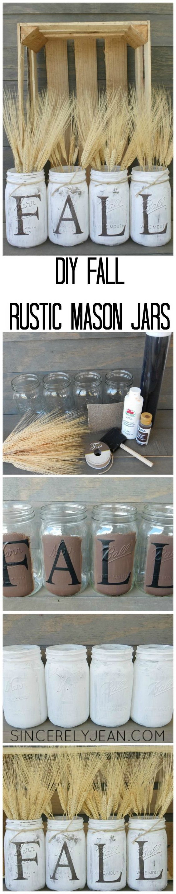 DIY Fall Rustic Mason Jars. Paint and distress mason jars and filled with whea! So easy and quick to do and makes a great addition to your fall decoration with rustic flair. 