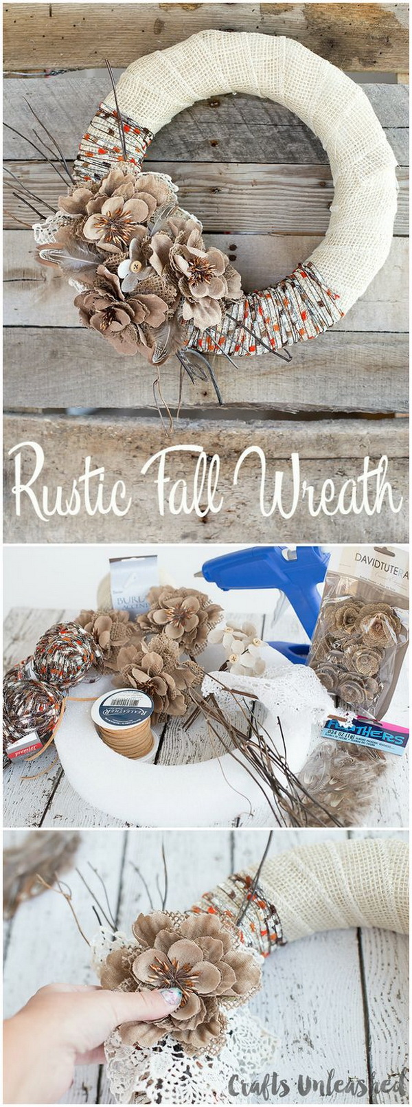 DIY Rustic Burlap & Yarn Fall Wreath. Create this easy and lovely rustic fall wreath with a few fun accessories around your house or some findings from the dollar store. 