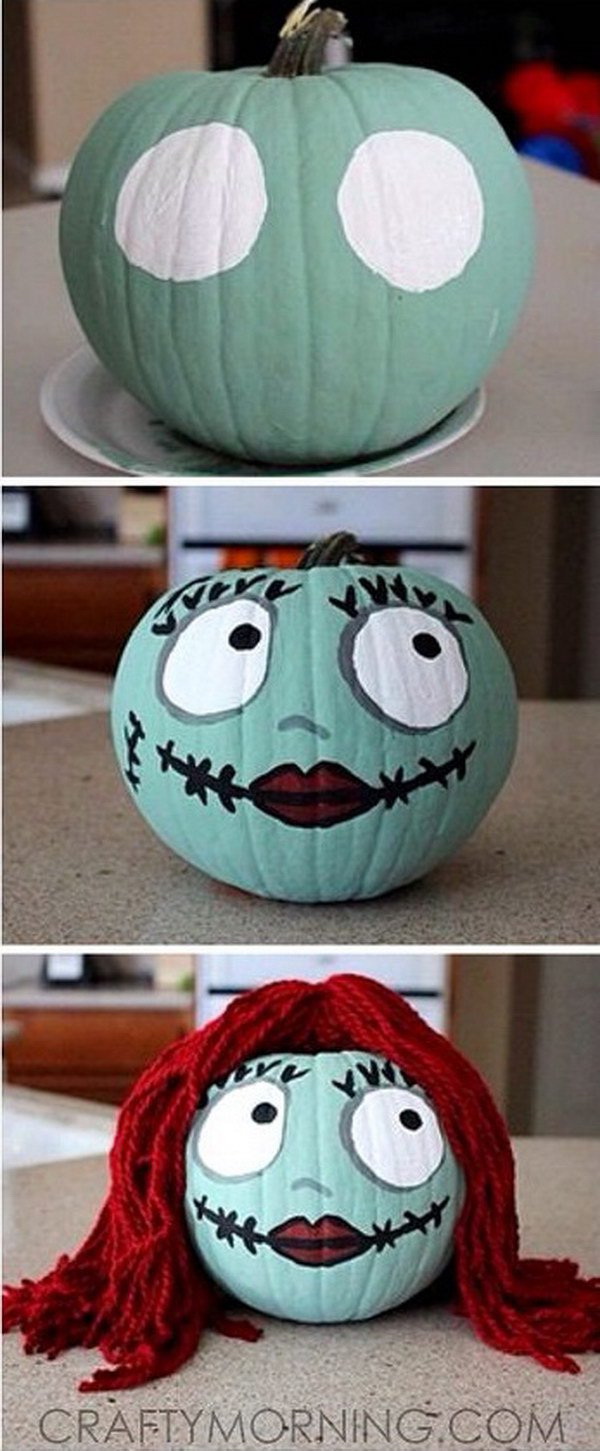 Sally Skellington No-Carve Pumpkin for Halloween. 