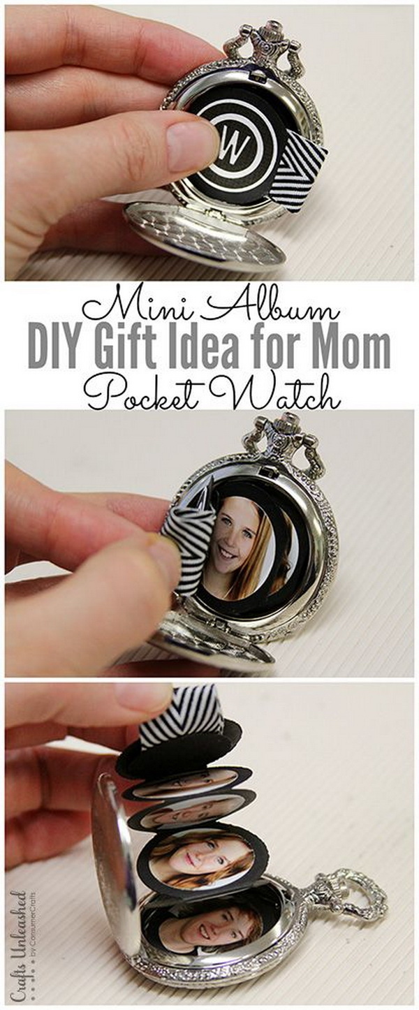 DIY Mini Album in a Pocket Watch. This DIY gift for mom mini album project makes a fun gift  for grandmothers too, or really anyone who would like a unique way to display some precious photos. 