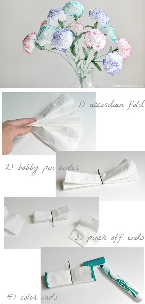 DIY Tissue Paper Flower Bouquet. Use Kleenex and markers to make a flower bouquet that will never wilt for your great mom this Mother's Day.