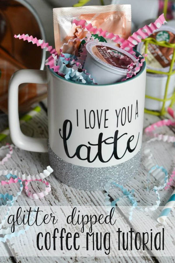 Glitter Dipped Coffee Mug. Inexpensive, personalized  coffee mug that makes a beautiful and unique Mother's Day gift! It’s super easy to make with several supplies around you! 
